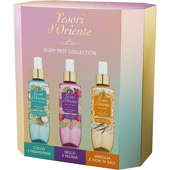 TESORI D'ORINTE COFANETTO TRIO BODY MIST 200 ML (ACQUA PROFUMATA VANIGLIA e FIOR DI SALE, ACQUA PROFUMATA COCCO e FRANGIPANE, ACQUA PROFUMATA IBISCO e PEONIA) 