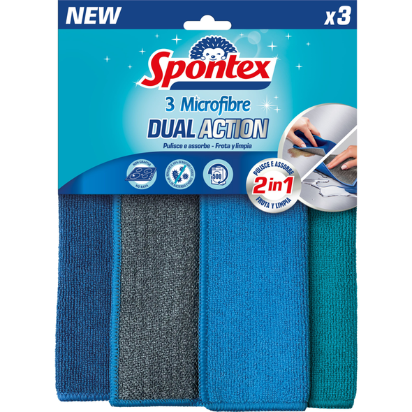 SPONTEX SPUGNE IN MICROFIBRA DUAL ACTION 2in1 PULISCE E ASSORBE 3 PEZZI