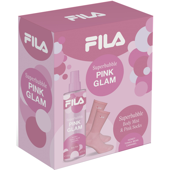 FILA SUPERBUBBLE COFANETTO WOMAN PINK GLAM; BODY MIST GLAM HONEY, TONKA BEAN, CARAMEL 250 ML + PINK SOCKS