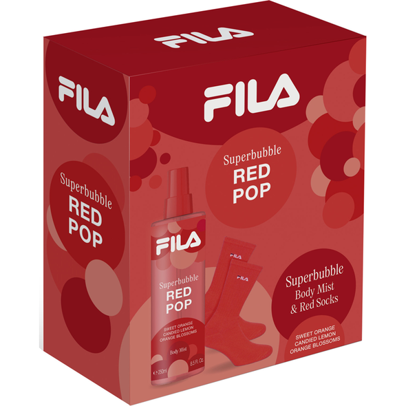 FILA SUPERBUBBLE COFANETTO WOMAN RED POP; BODY MIST SWEET ORANGE, CANDIED LEMON, ORANGE BLOSSOMS 250 ML + RED SOCKS 