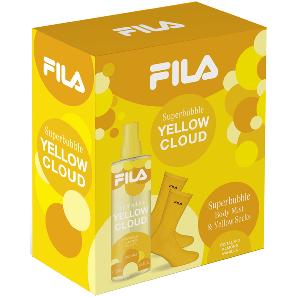 FILA SUPERBUBBLE COFANETTO WOMAN YELLOW CLOUD; BODY MIST PISTACHIO, ALMOND, VANILLA 250 ML + YELLOW SOCKS