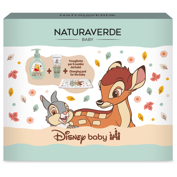 NATURAVERDE BABY DISNEY COFANETTO; BAGNETTO UTRA DELICATO CORPO E CAPELLI 250 ML + CREMA PROTETTIVA PER IL CAMBIO 100 ML + TOVAGLIETTA PER IL CAMBIO