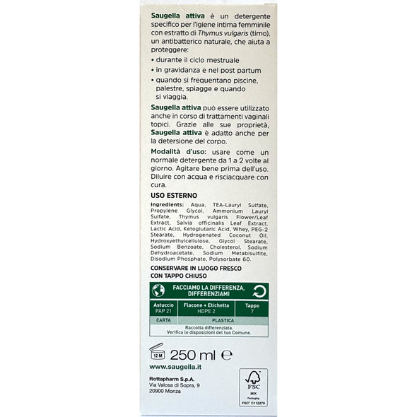 SAUGELLA ATTIVA pH3,5 PROTEZIONE ATTIVA IGIENE INTIMA CON ESTRATTO DI TIMO 250 ML