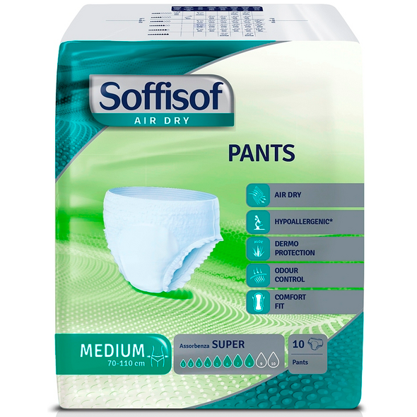 SOFFISOF PANTS PULL UP AIR DRY MEDIUM GIRO VITA 70/110cm  40/70 kg ASSORBENZA SUPER 8 GOCCE 10 PEZZI DISPOSITIVO MEDICO CE DI CLASSE 1