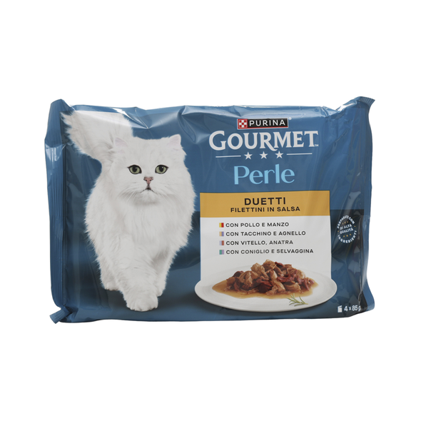 GOURMET PERLE FILETTI IN SALSA BUSTA 85 GRAMMI x 4 POLLO-TACCHINO-VITELLO-CONIGLIO PER GATTI