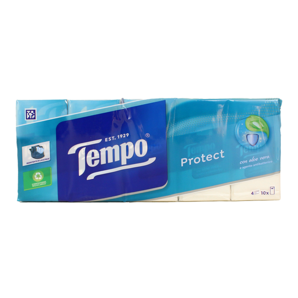 TEMPO FAZZOLETTI 10 PACCHETTI x 9 FAZZOLETTI 4 VELI PROTECT CON AGENTE ANTIBATTERICO