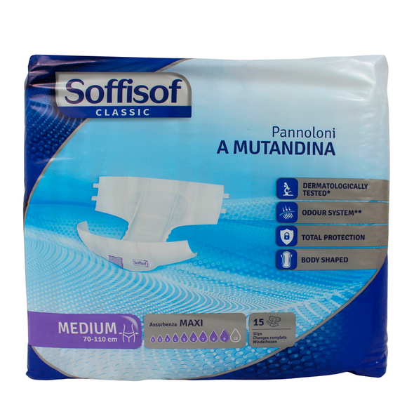 SOFFISOF PANNOLONI MUTANDINA ADULTI MISURA MEDIUM GIRO VITA 70-110 CM BUSTA 15 PEZZI  ASSORBENZA MAXI 9 GOCCE DISPOSITIVO MEDICO CE DI CLASSE 1