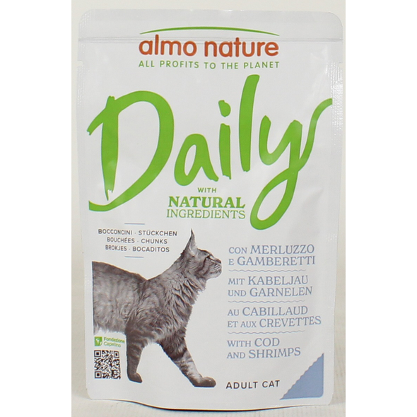 ALMO NATURE GATTI DAILY MERLUZZO-GAMBERETTI BUSTA 70 GRAMMI