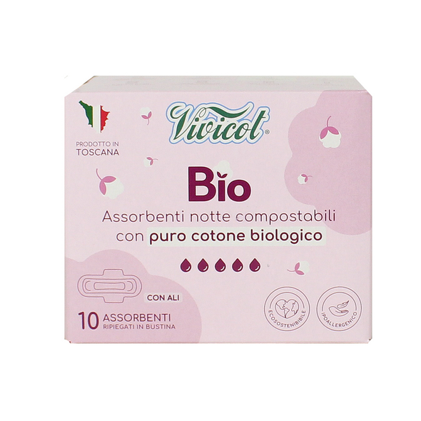 VIVICOT BIO ASSORBENTI COMPOSTABILI NOTTE CON ALI RIPIEGATO IN BUSTINE 10 PZ