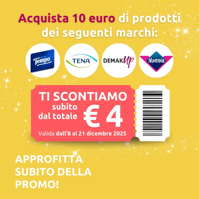 ESSITY TI PREMIA! Acquista 10 euro di prodotti tempo,novenia, demak up, tena lady. ottieni subito uno sconto di 4 euro