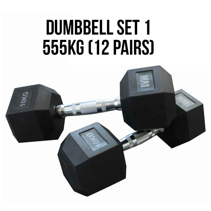 555kg MA1 Rubber Hex Dumbbell w Grey Logo Set - Set 1 (12 Pairs)