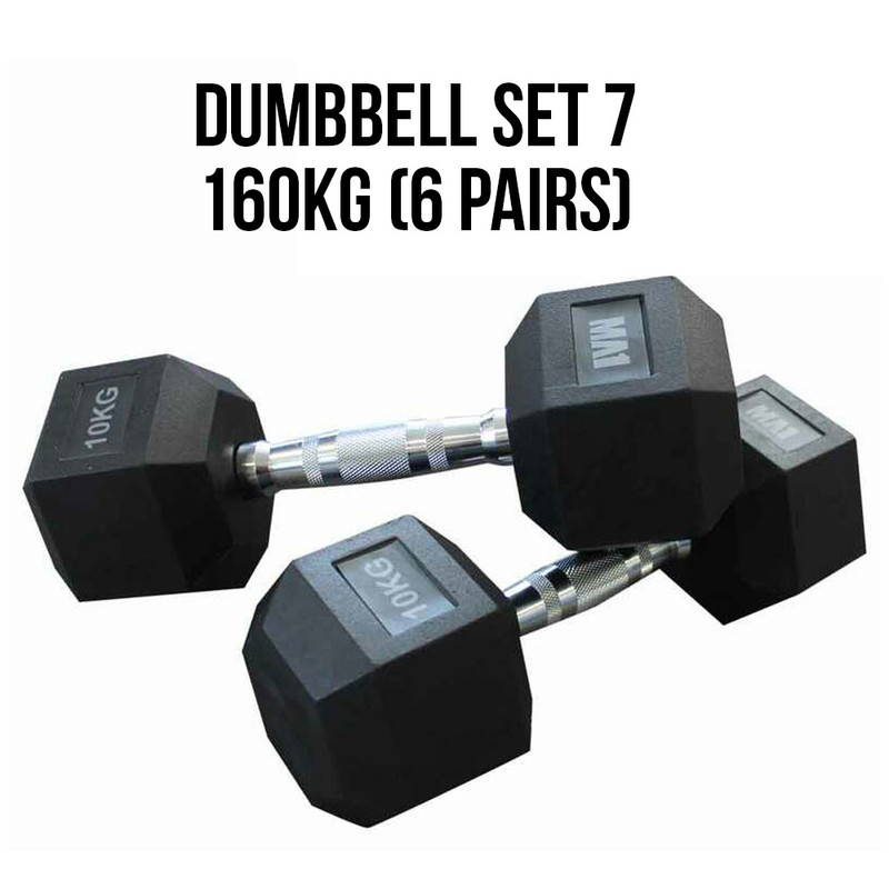 160kg MA1 Rubber Hex Dumbbell w Grey Logo Set - Set 7 (6 Pairs)