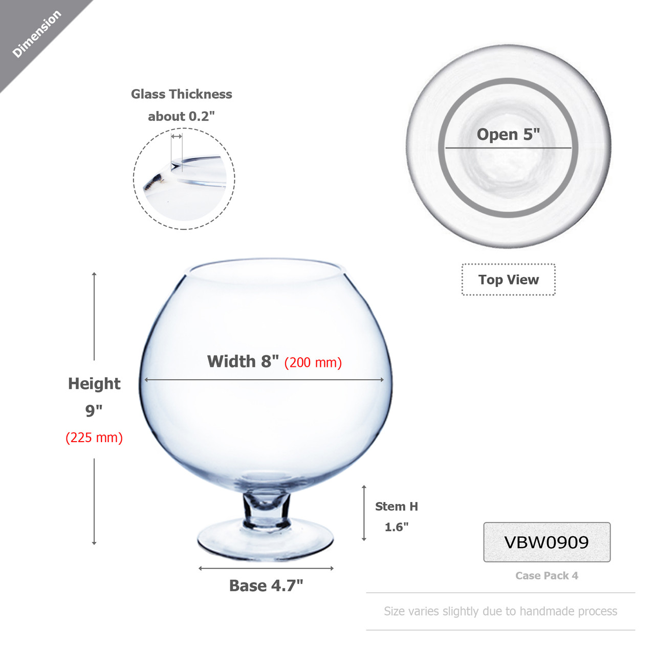 VBW0909 Bowl Glass Vase with Stem 9"x9"