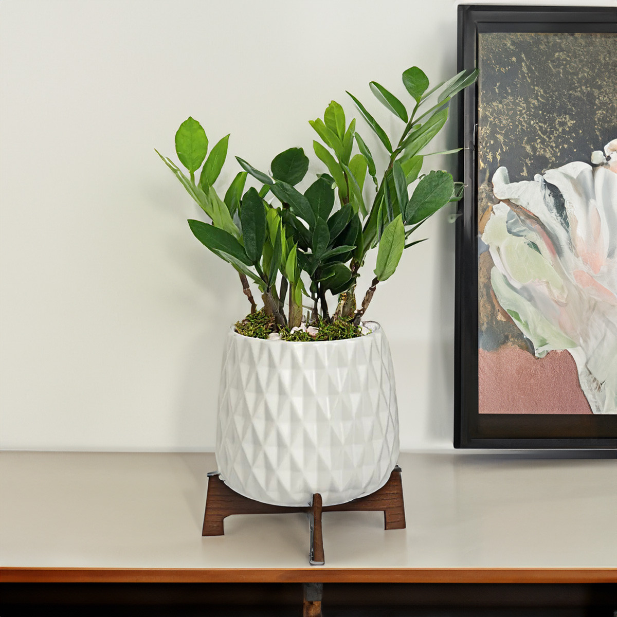 CFB2706WT - White Mid Mod Geometric Vase with Wooden Stand - 5