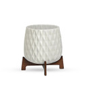 CFB2706WT - White Mid Mod Geometric Vase with Wooden Stand - 5"