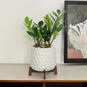 CFB2706WT - White Mid Mod Geometric Vase with Wooden Stand - 5"