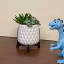 CFB2706WT - White Mid Mod Geometric Vase with Wooden Stand - 5"