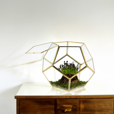 GET1209GD - Medium Gold Prism Dodecahedron Geometric Glass Terrarium - 7.5"H