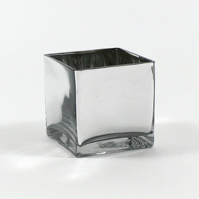 VCB0006SV - Handblown Silver Cube Glass Vase / Candle Holder - 6"