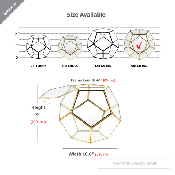 GET1211GD - Large Gold Prism Geometric Glass Terrarium. 9"H - (2 pcs/case)