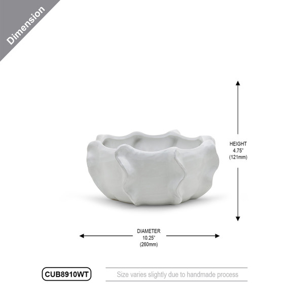 CUB8910WT - White Unique Ceramic Bowl - 10.25"W x 4.75"H