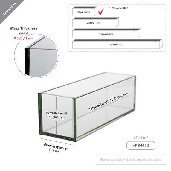 VPB4412 - Rectangular Plate Glass Planter Box - 4" W x 4" H x 12" L (6 pcs/case)