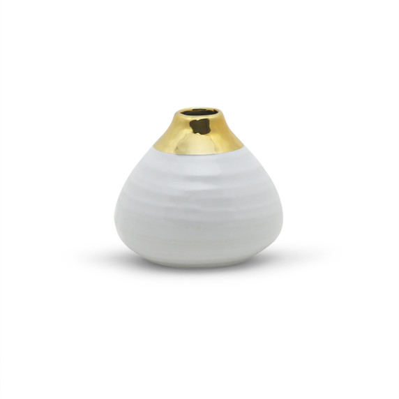 CUV5304GW - Medium White Round Bud Vase with Gold Rim - 4.1"x3.5"H