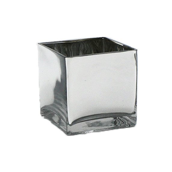 VCB0005SV - Handblown Silver Cube Glass Vase / Candle Holder - 5"