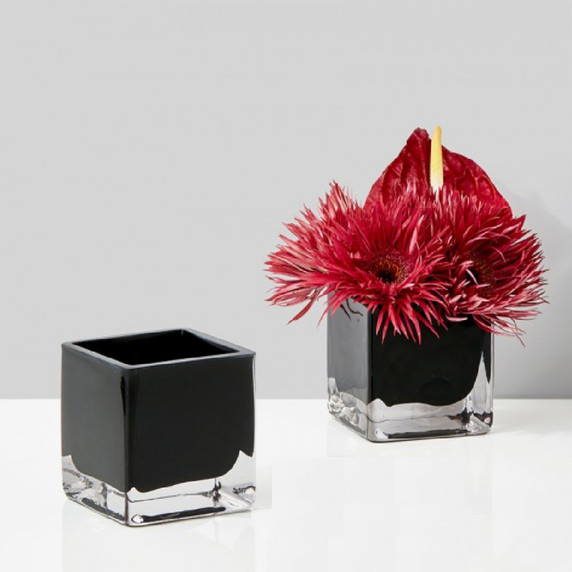 VCB0006BK - Handblown Black Cube Glass Vase / Candle Holder - 6"