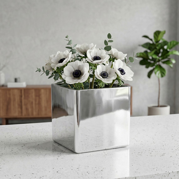 VCB0006SV - Handblown Silver Cube Glass Vase / Candle Holder - 6"