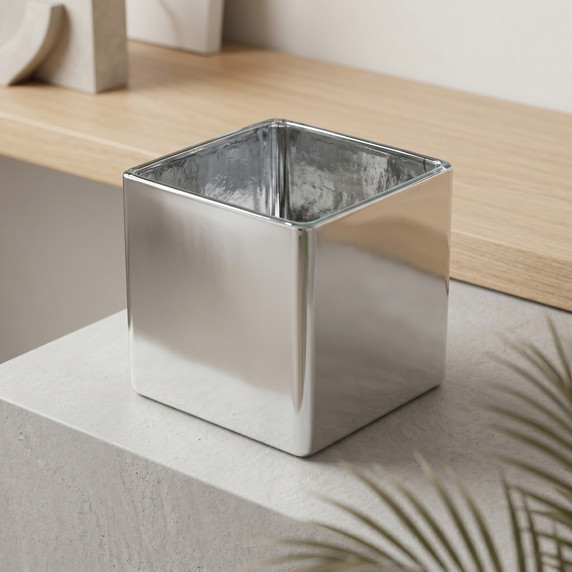 VCB0006SV - Handblown Silver Cube Glass Vase / Candle Holder - 6"
