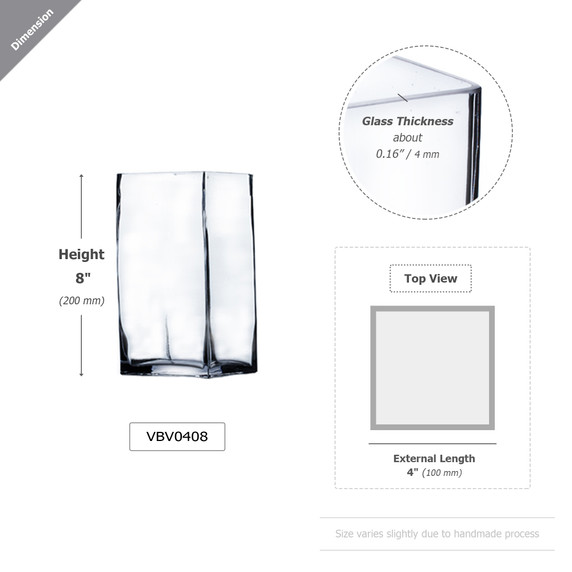 VBV0408 - Square Block Glass Vase 4"x8"H (12 pcs/case)
