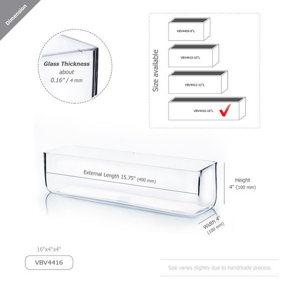 VBV4416 - Glass Rectangular Planter Box Vase - 4" x 4" x 16"