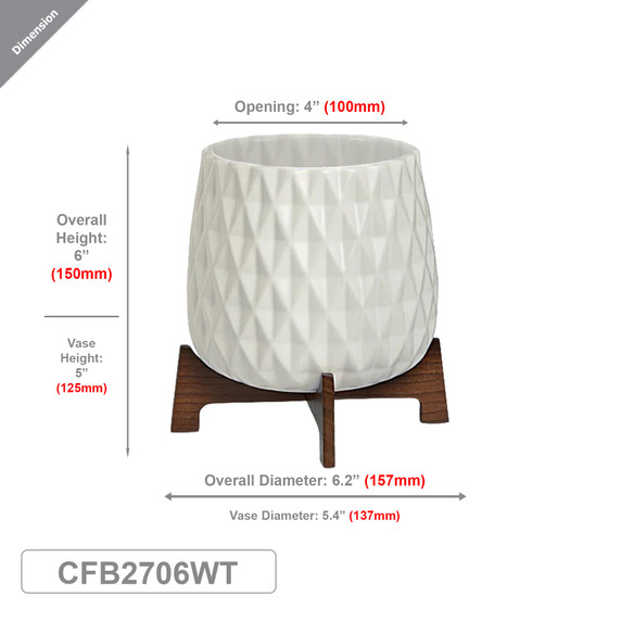CFB2706WT - White Mid Mod Geometric Vase with Wooden Stand - 5"