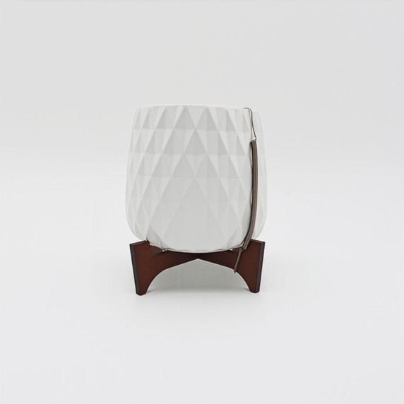 CFB2706WT - White Mid Mod Geometric Vase with Wooden Stand - 5"