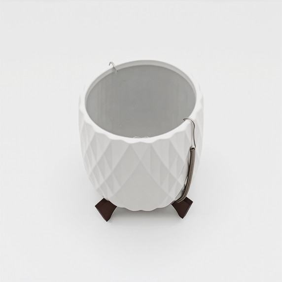 CFB2706WT - White Mid Mod Geometric Vase with Wooden Stand - 5"