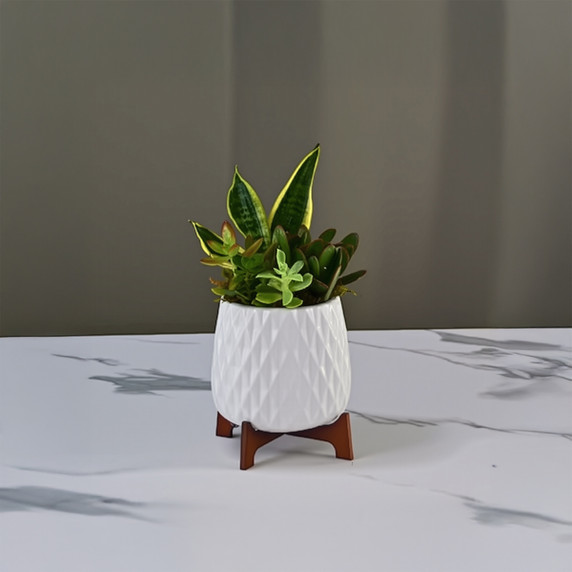 CFB2706WT - White Mid Mod Geometric Vase with Wooden Stand - 5"