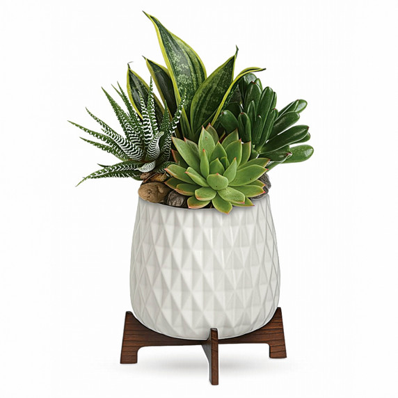 CFB2706WT - White Mid Mod Geometric Vase with Wooden Stand - 5"