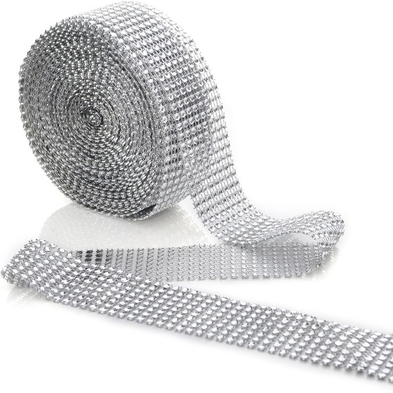 Silver Diamond Mesh Wrap Roll Rhinestone Crystal Ribbon - 10 Yards (Single Roll)