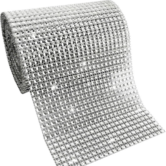 Wide Silver Diamond Mesh Wrap Roll Rhinestone Crystal Ribbon - 10 Yards (Single Roll)