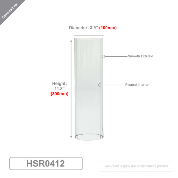 HSR0412 - Pleated/Ribbed Clear Glass Hurricane Candle Shade Chimney Tube  [No Bottom] - 4" x 12"