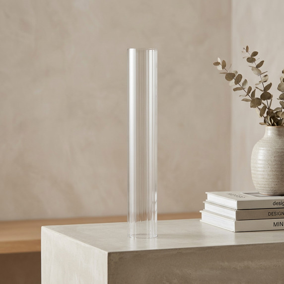 HSR2514 - Pleated/Ribbed Clear Glass Hurricane Candle Shade Chimney Tube  [No Bottom] - 4" x 8"