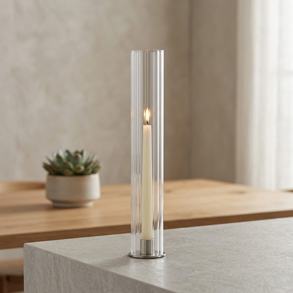 HSR2514 - Pleated/Ribbed Clear Glass Hurricane Candle Shade Chimney Tube  [No Bottom] - 4" x 8"