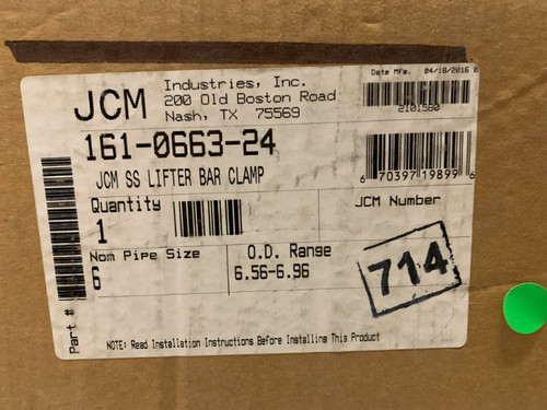 JCM 161-06324 SS Lifter Bar Clamp 6" 6.56-6.96 O.D. Range