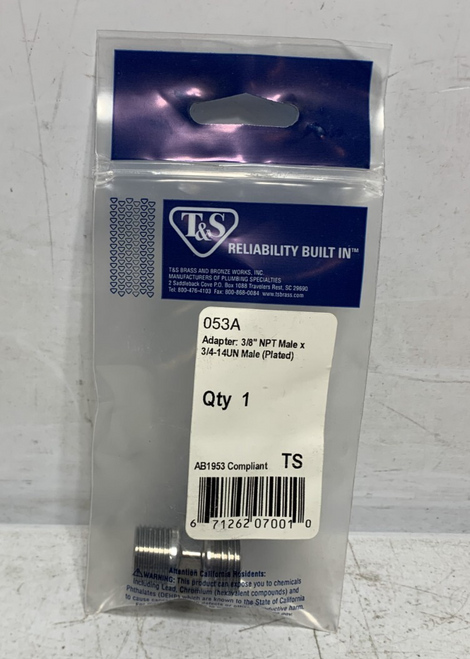 T&S 053A Adapter 3/8-Inch Npt Male X 3/4-14Un Male Plated T&S 053A Adapter 3/8-Inch Npt Male X 3/4-14Un Male Plated