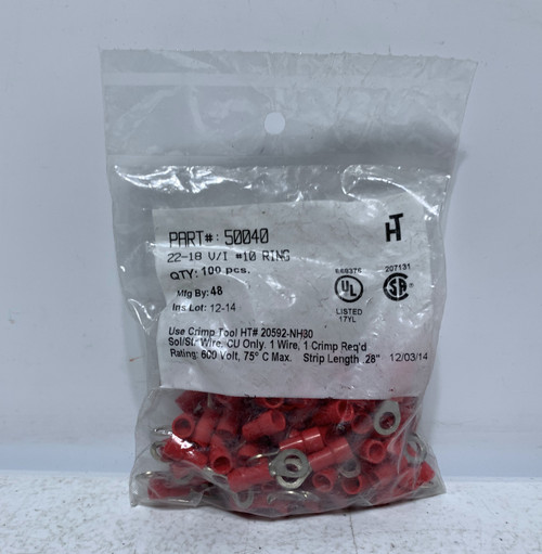 Hillsdale Terminal 50040 22-18 AWG Vinyl Insulated #10 Ring Terminal (pk of 100)