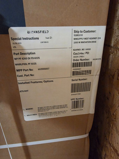 Mansfield 6025 Whirlpool Tub 60" x 42"