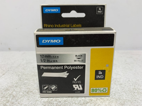 Dymo 18486 Polyester Label Tape 1/2" x 18' Black/Metallic