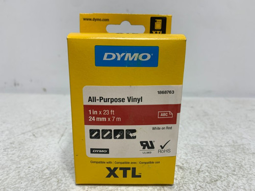 Dymo 1868763 Vinyl Label 1" x 23' White on Red