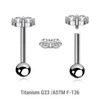 YBA12X20 Pack of 5 high polished titanium internally threaded tragus barbells, Thickness 1.2mm, with twin 2mm prong set CZ stones and a lower 3mm plain ball